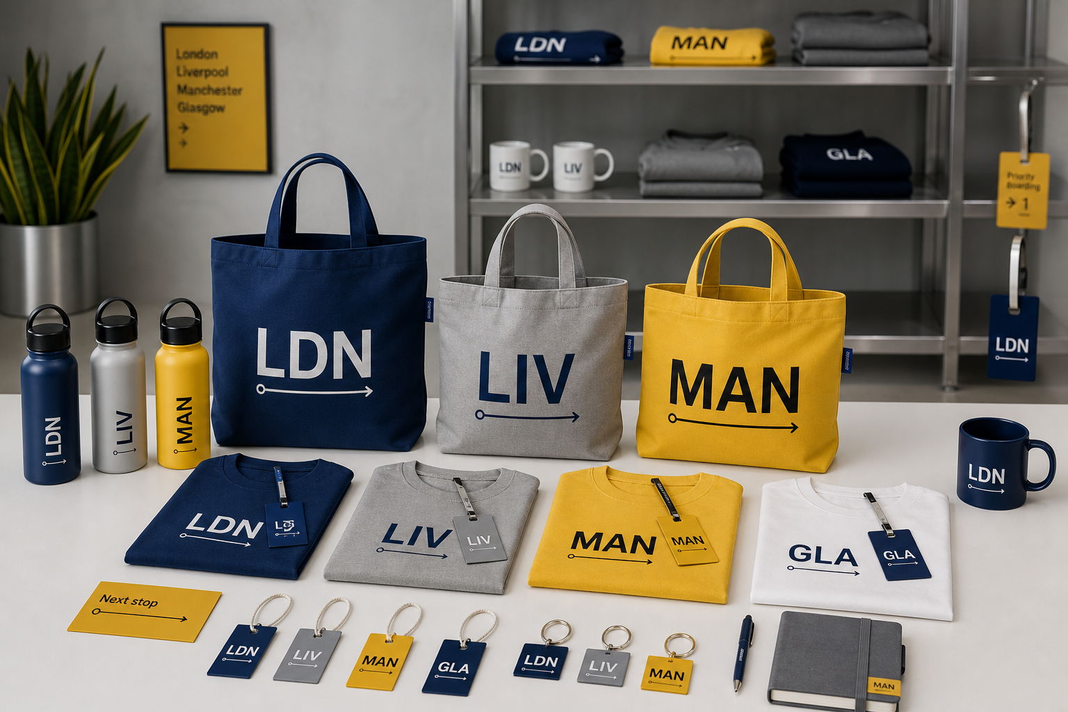 Branded merchandise collection arranged for display